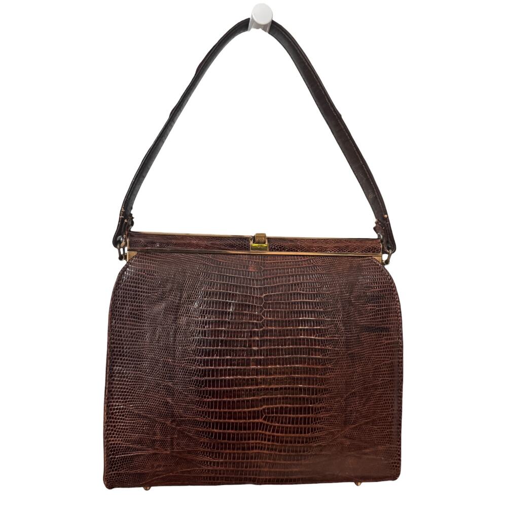 1950s Oxblood Lizard Embossed Top Handle Kiss Lock Purse